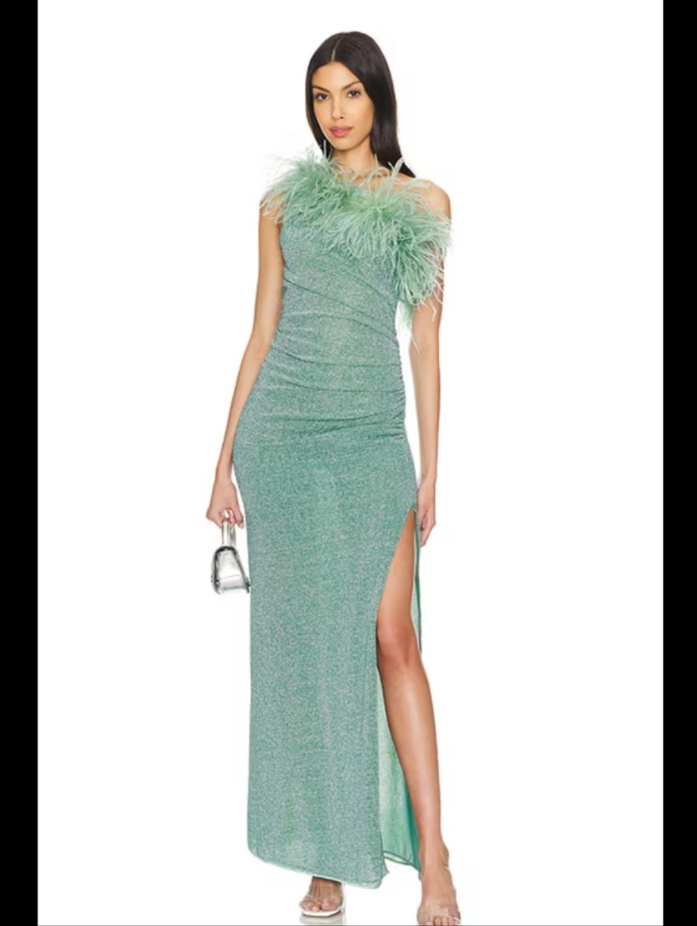 Oseree Plumage One-Shoulder Feather Trim Maxi Dress in Mint